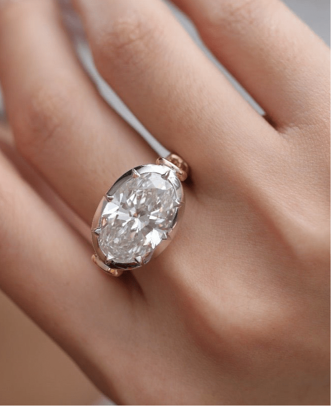 7 carat oval lab grown diamond engagement ring set in two tone collet - Jewelry by Cleo