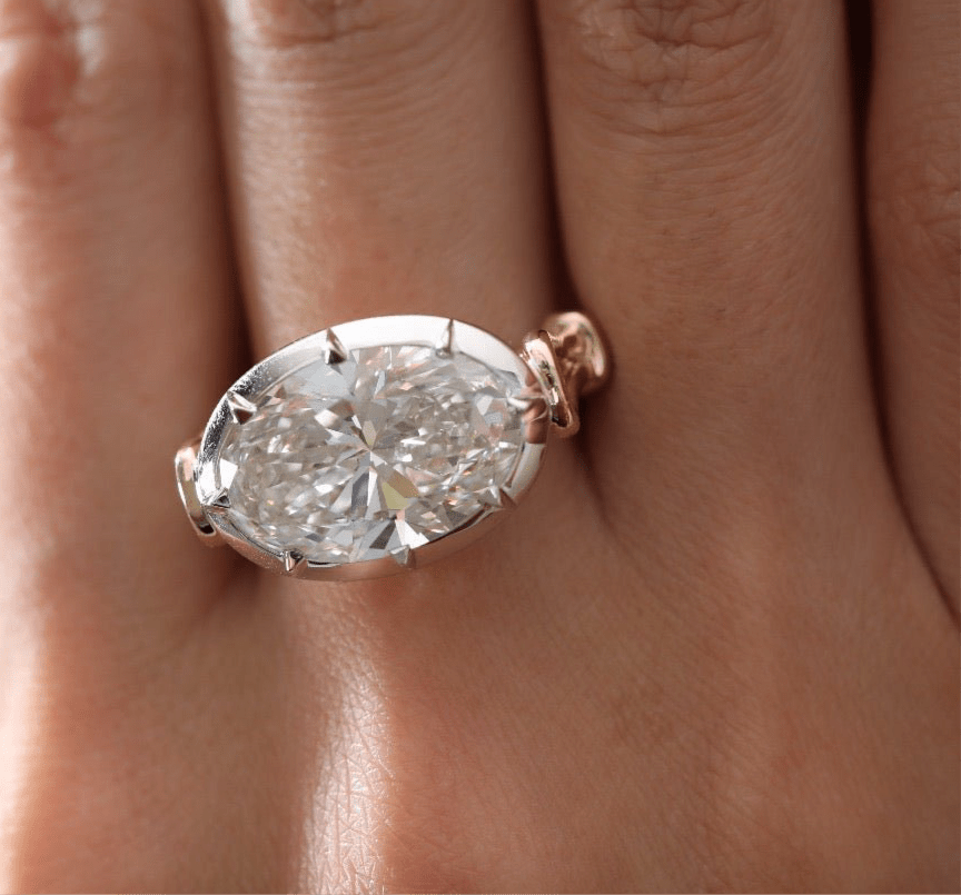 7 carat oval lab grown diamond engagement ring set in two tone collet - Jewelry by Cleo