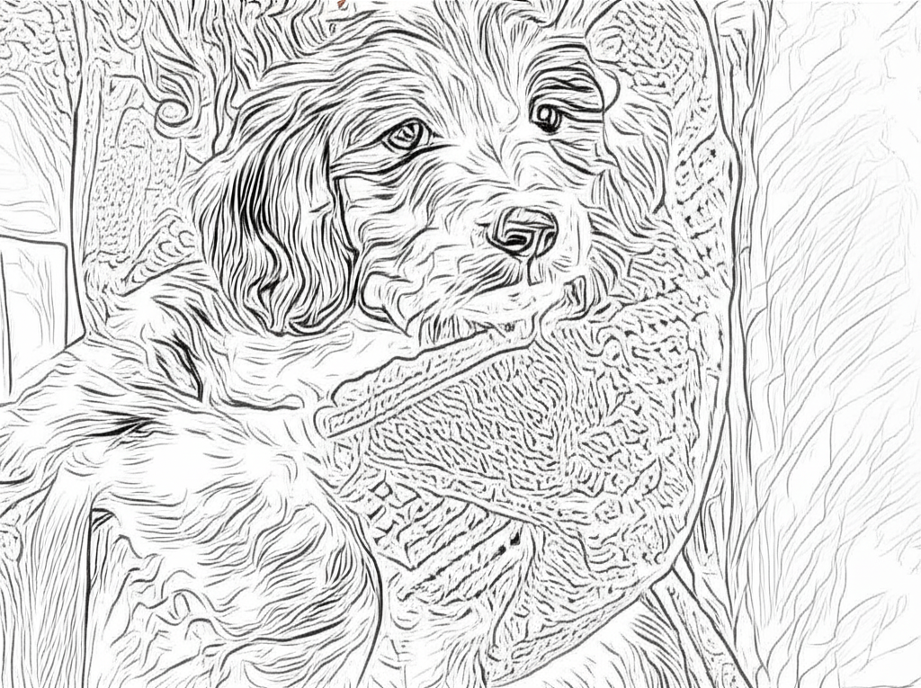 Black and white line drawing of a dog with a textured background