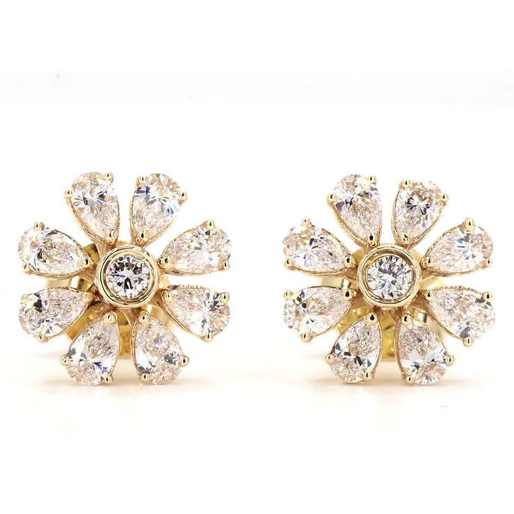 Gold earrings with clear gemstones on a white background