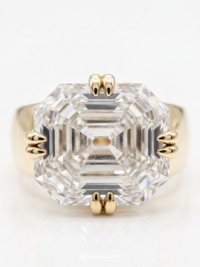 Gold ring with a large clear gemstone on a white background