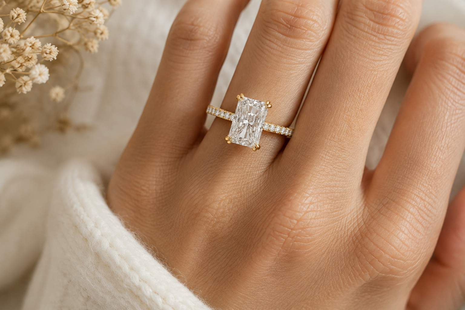 A close-up of a hand wearing a yellow gold engagement ring with a rectangular emerald-cut diamond. The ring features a diamond-encrusted band with small pavé diamonds.