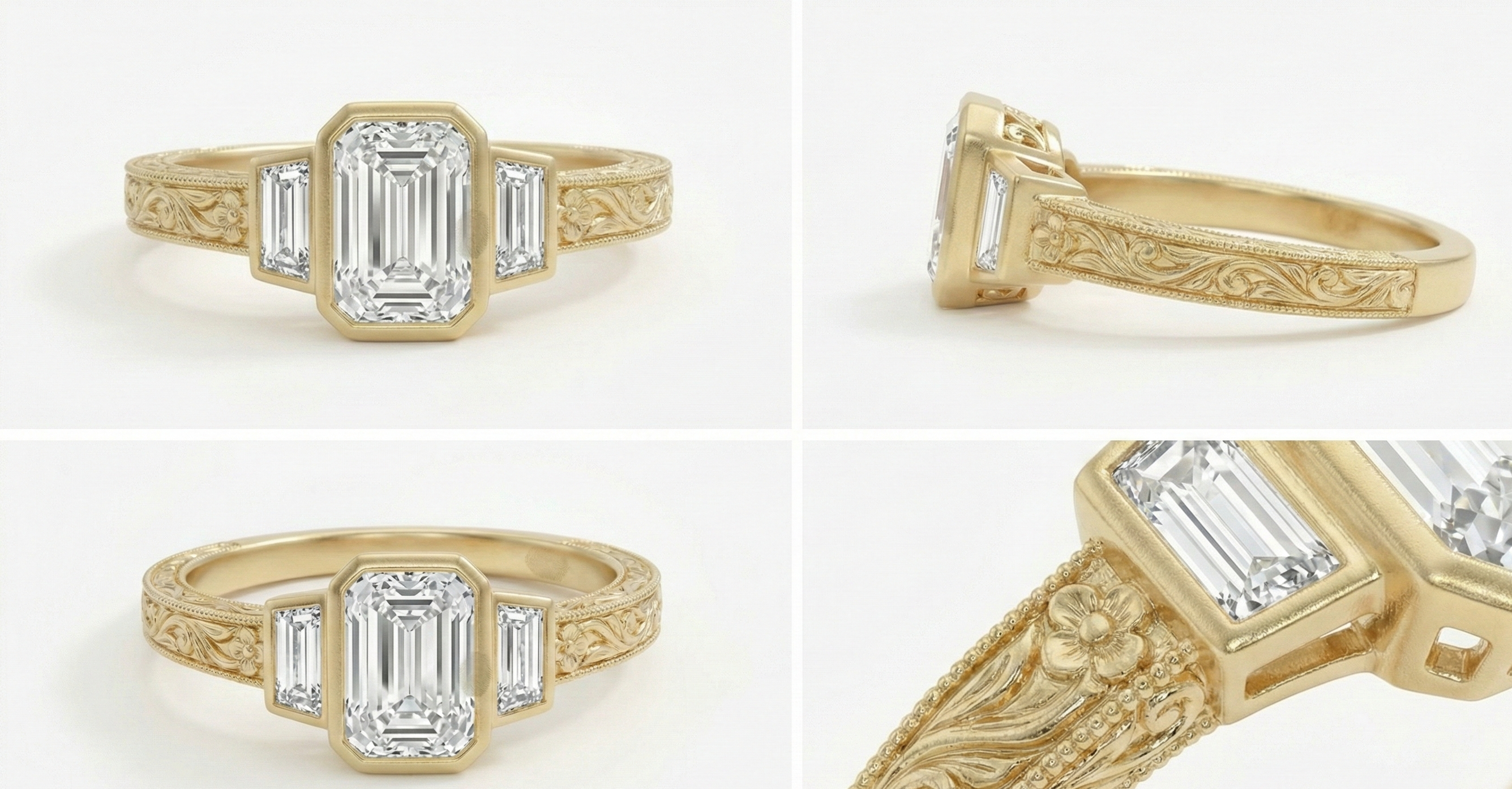 Vintage Scroll" Emerald Trio YG