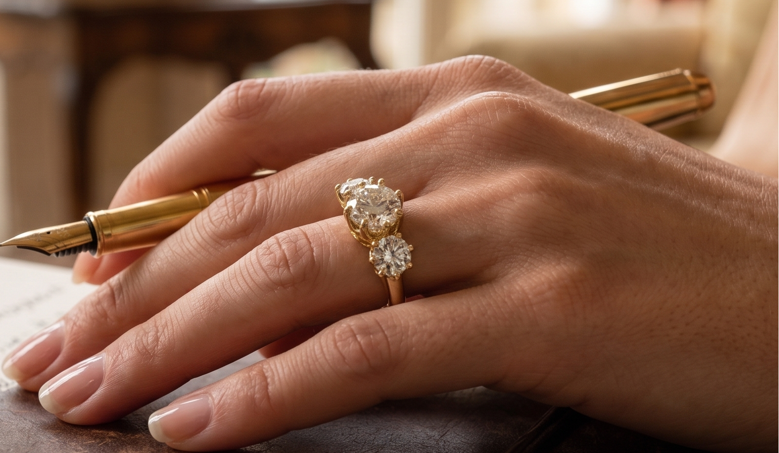A close-up lifestyle shot of a person's hand resting on a brown leather journal, holding a gold pen. The hand is adorned with a gold ring featuring three round-cut clear gemstones.