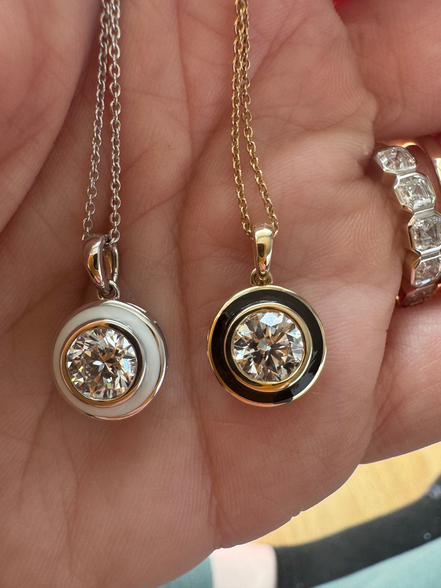 Enamel 1 carat round lab diamond pendant - Jewelry by Cleo