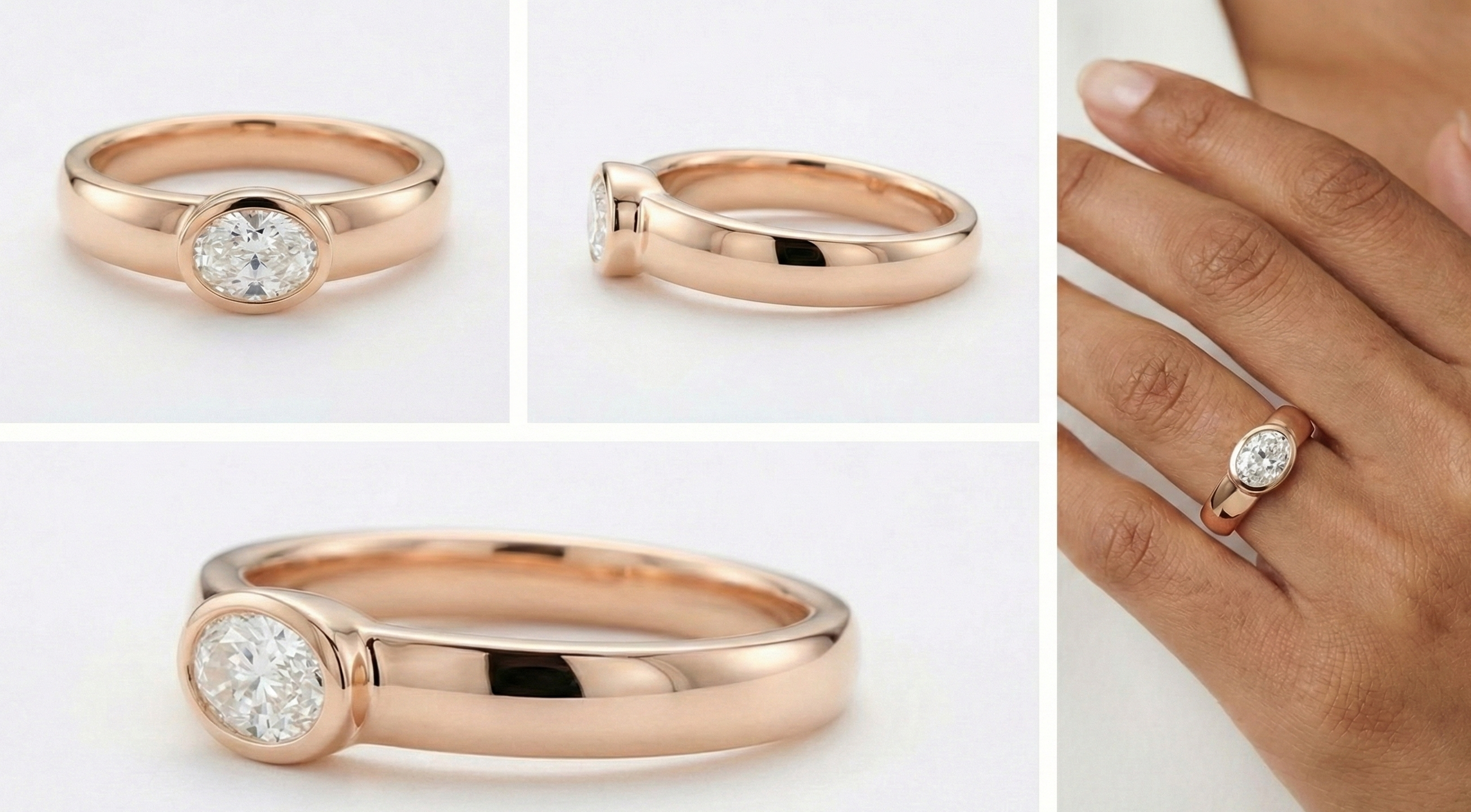 Rose gold ring with diamond on a white background, shown from multiple angles.