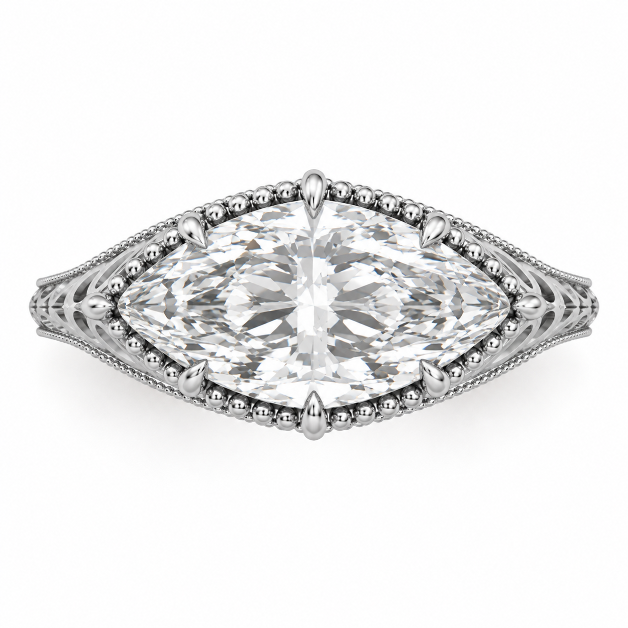 A silver-tone ring featuring a large marquise-cut clear gemstone in a prong setting, surrounded by a beaded border and an openwork filigree band, shown on a plain white background.
