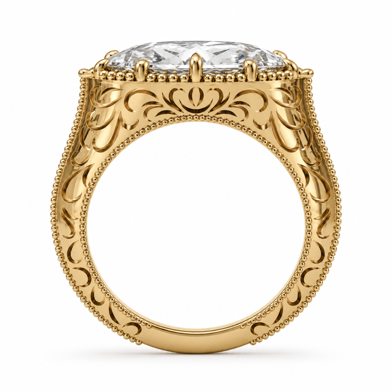 A yellow gold ring with an ornate filigree band and a large clear round-cut gemstone in a prong setting, shown on a plain white background.