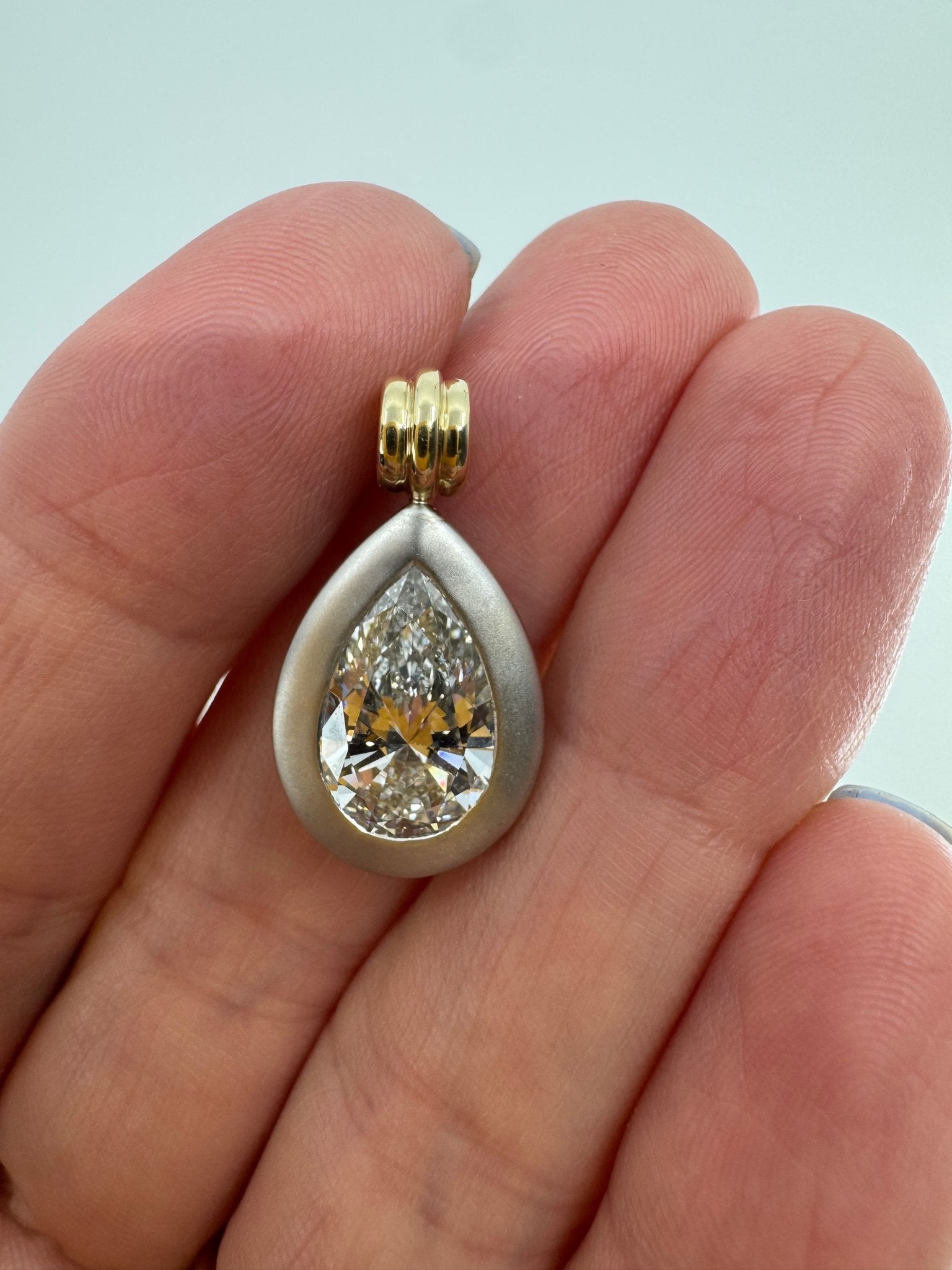 Pear diamond pendant in matte bezel with shiny bale - Jewelry by Cleo