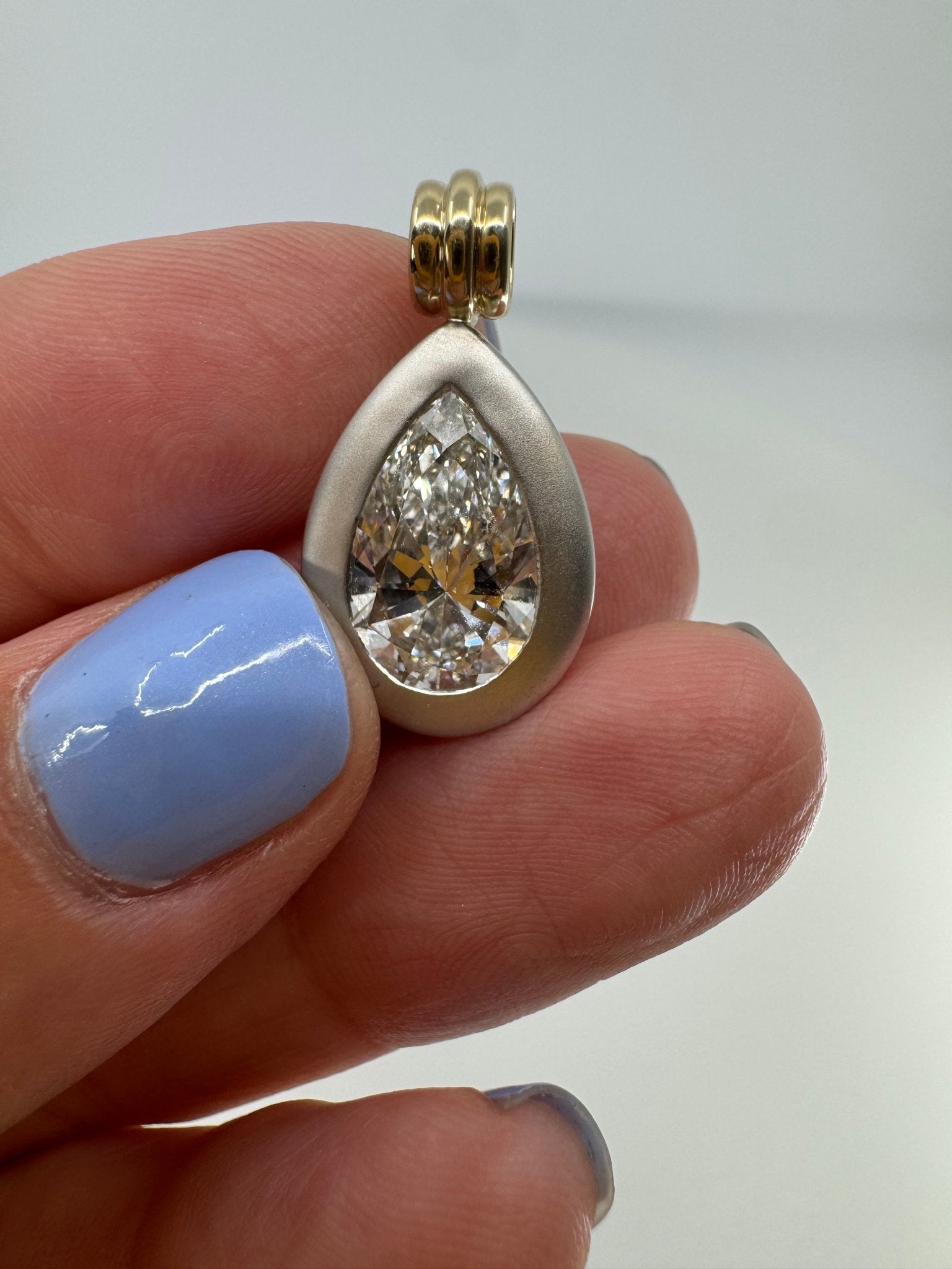 Pear diamond pendant in matte bezel with shiny bale - Jewelry by Cleo