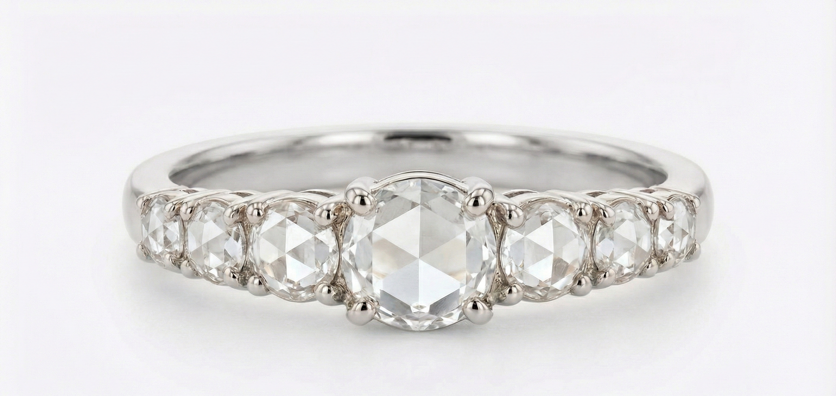 rose cut diamond wedding band in white gold