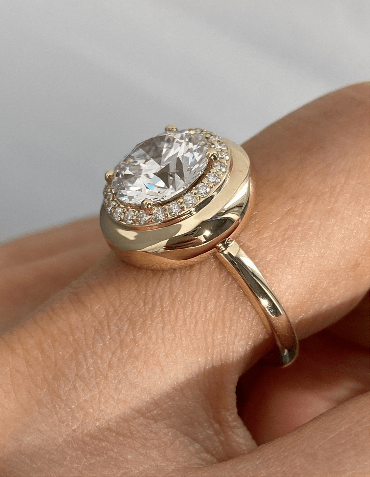 Round brilliant lab grown diamond halo ring in 14k gold bezel - Jewelry by Cleo