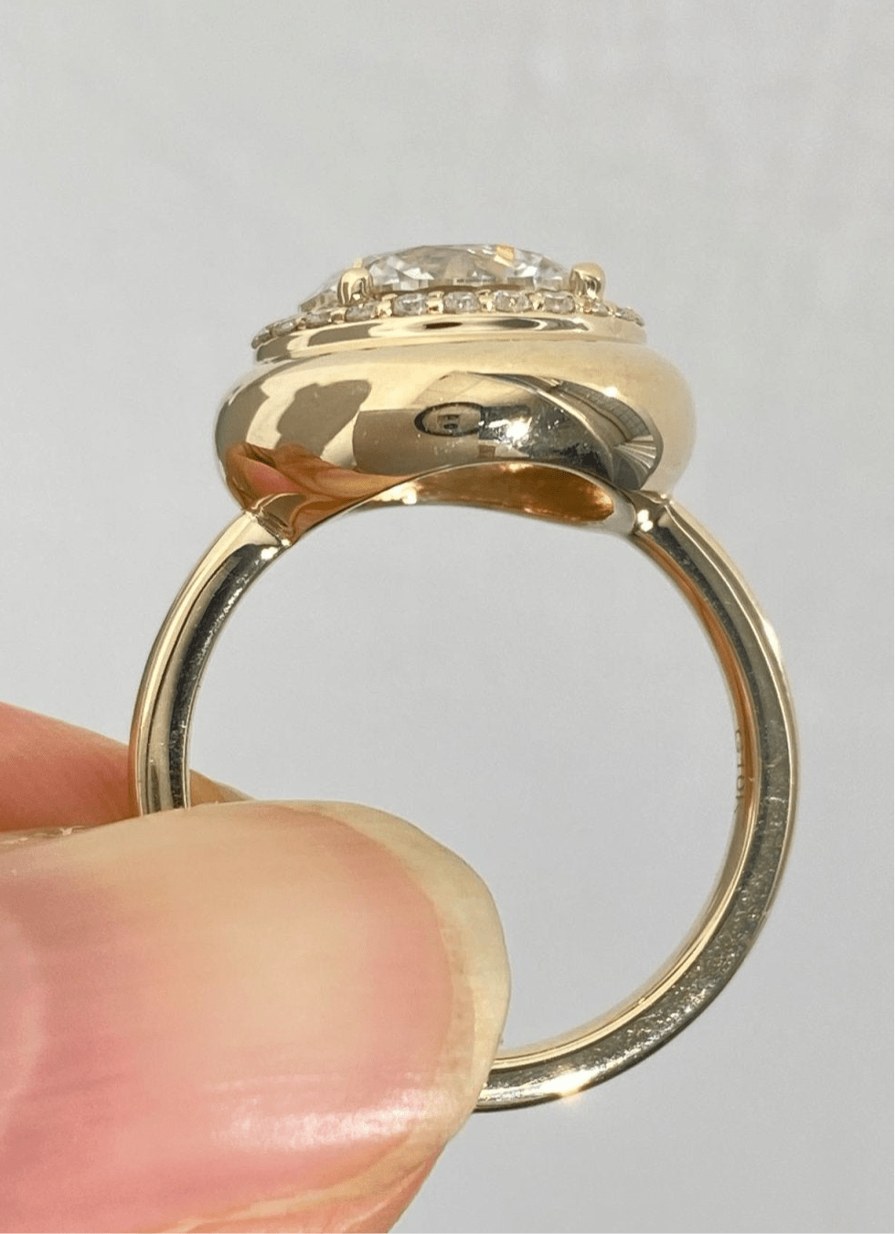 Round brilliant lab grown diamond halo ring in 14k gold bezel - Jewelry by Cleo