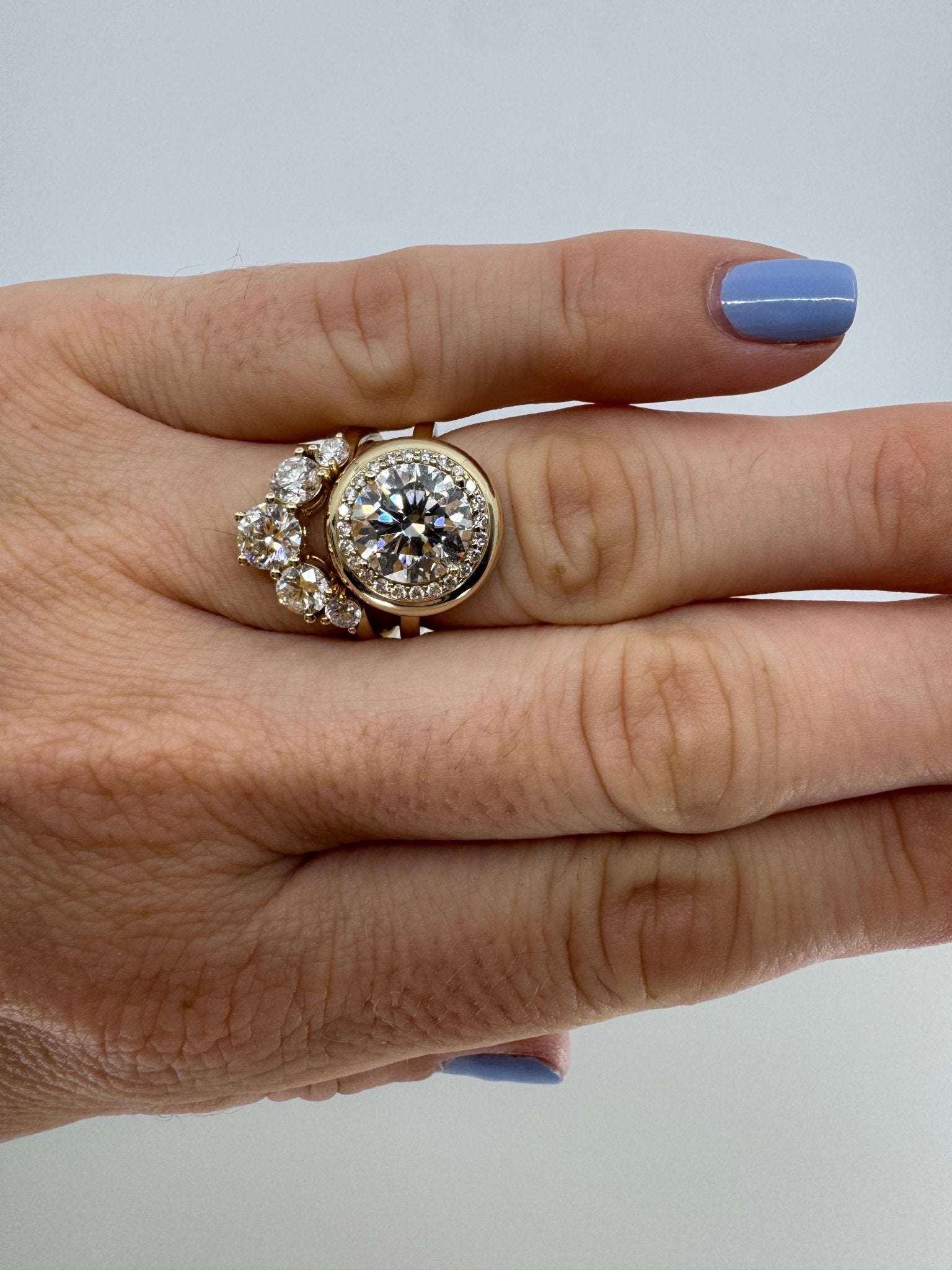 Round brilliant lab grown diamond halo ring in 14k gold bezel - Jewelry by Cleo