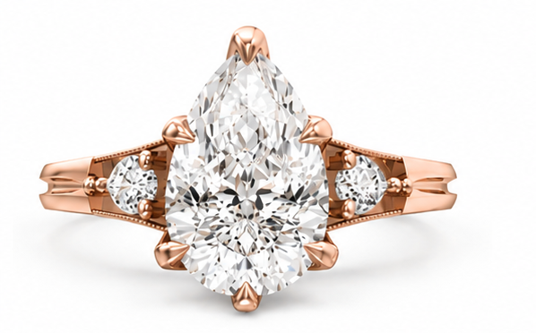 Five views of a rose gold ring with a pear-cut center diamond and smaller side diamonds, shown on a clean white background.