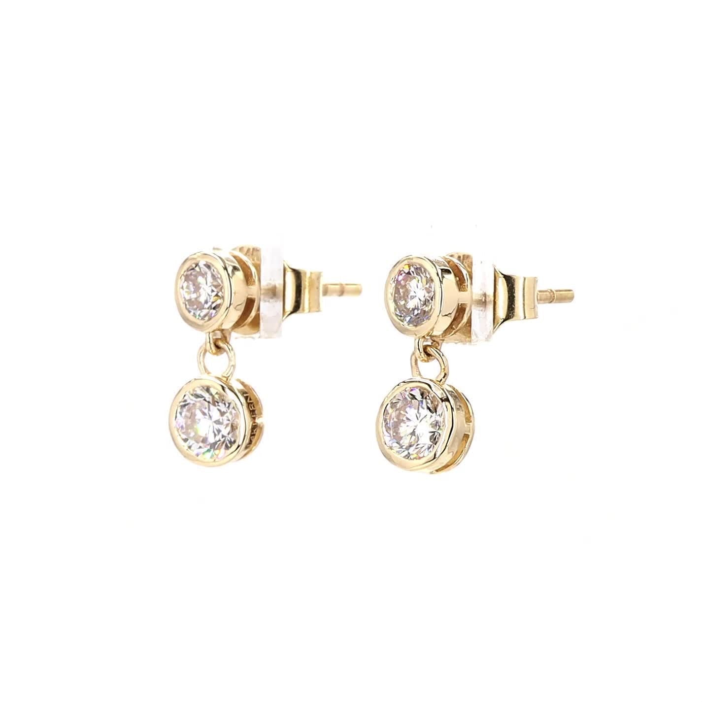 Cleo Round Bezel Double Diamond Drop Earrings in 14k Gold (1 TCW)