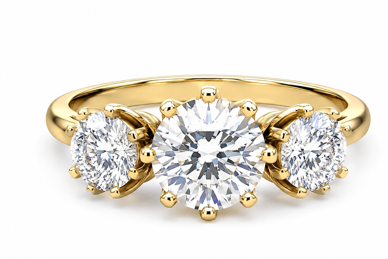 A yellow gold three-stone ring featuring a large round center diamond flanked by two smaller round side diamonds, set against a clean white background.