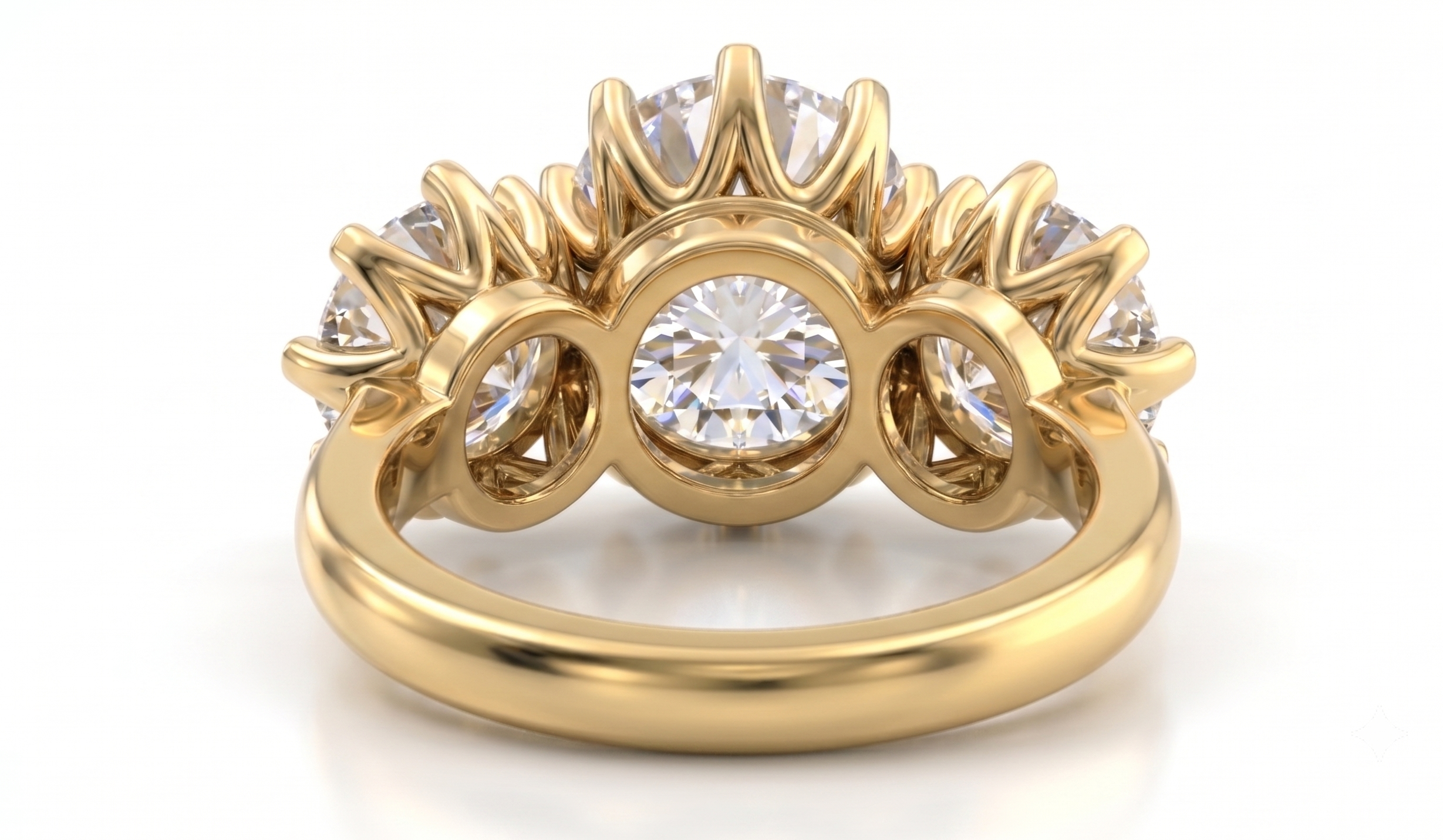 A gold ring with a central round diamond and smaller diamonds set in an ornate crown-like pattern, shown on a clean white background.