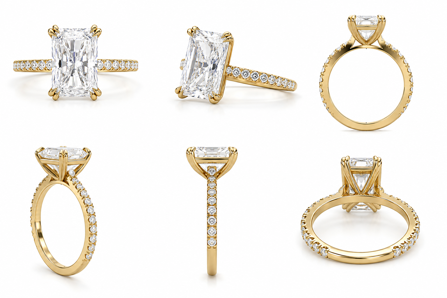 Six views of a yellow gold ring featuring a large rectangular clear gemstone and pavé-set accent diamonds on a white background.