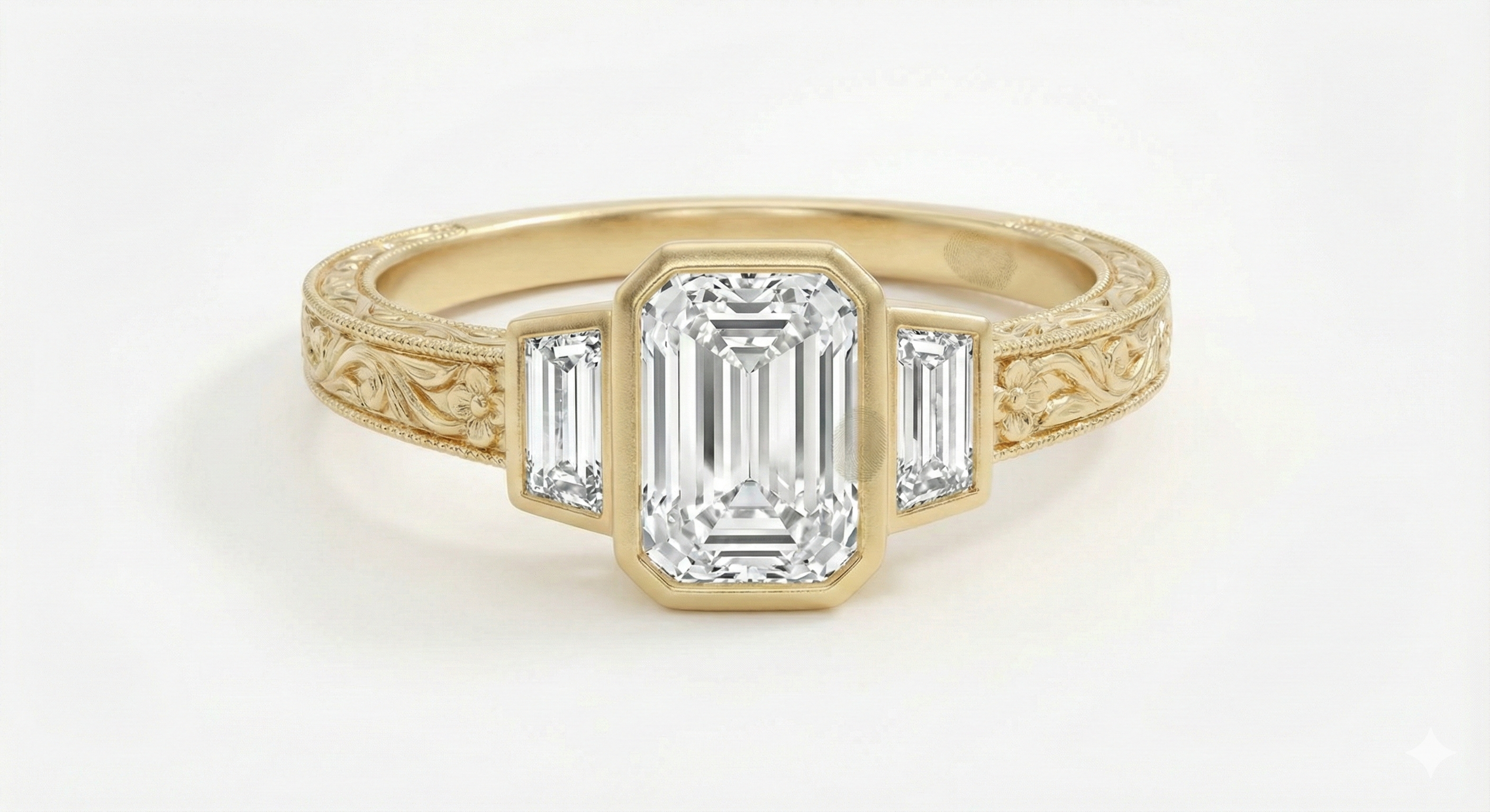 Gold ring with emerald-cut diamond and two side stones on a white background