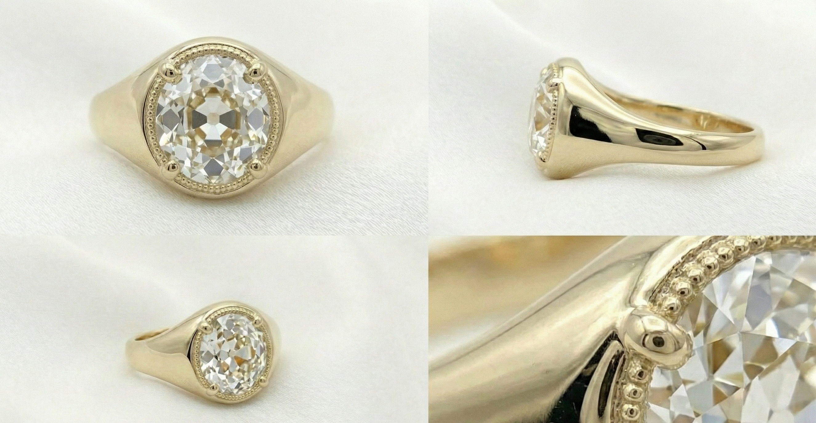 Gold ring with diamond close-up on a white background