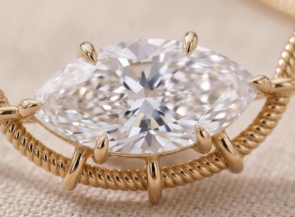 Collage of a gold necklace with a large diamond pendant, displayed in various angles.