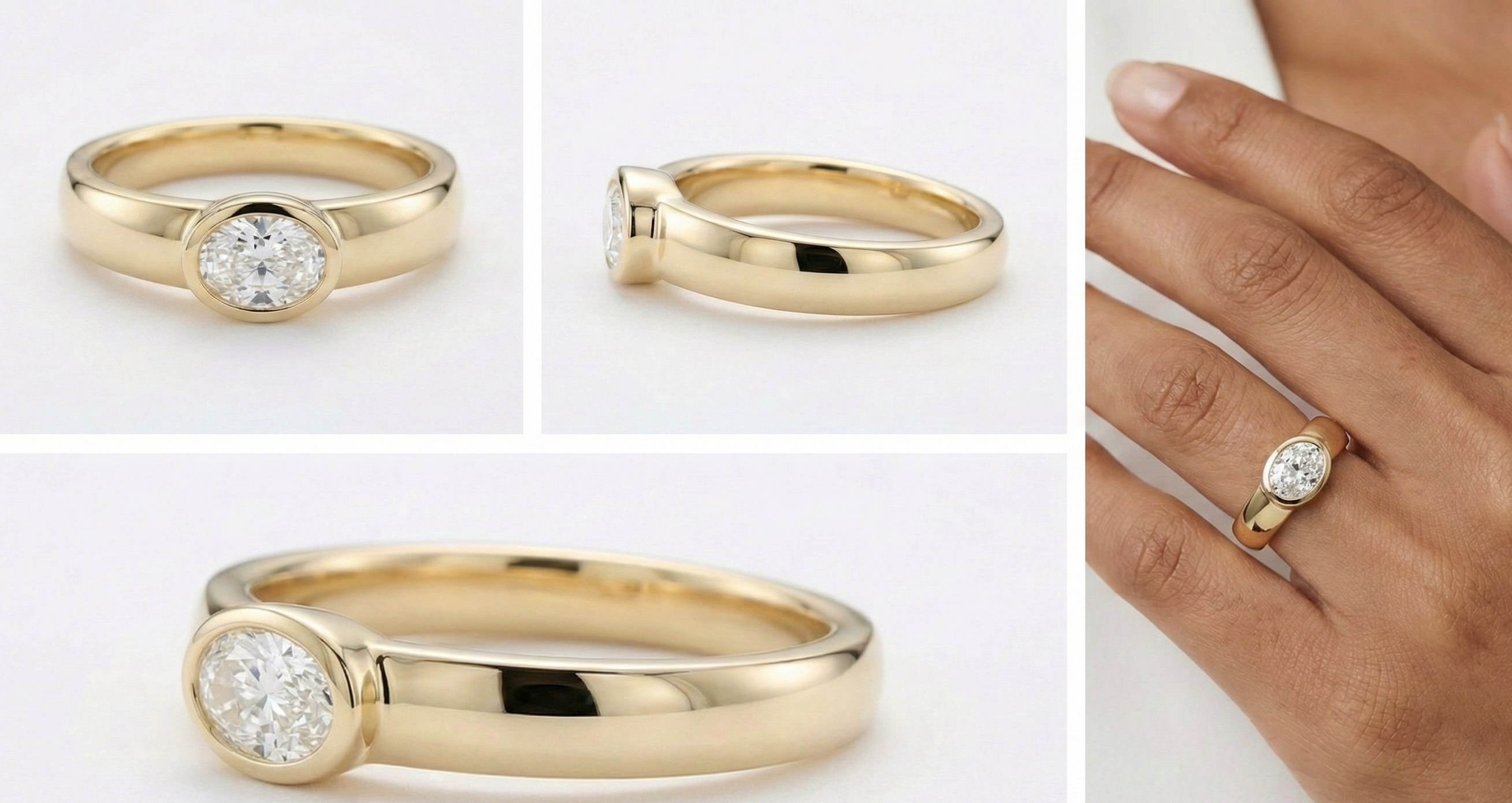 Gold ring with diamond on a white background, shown from different angles and on a hand.