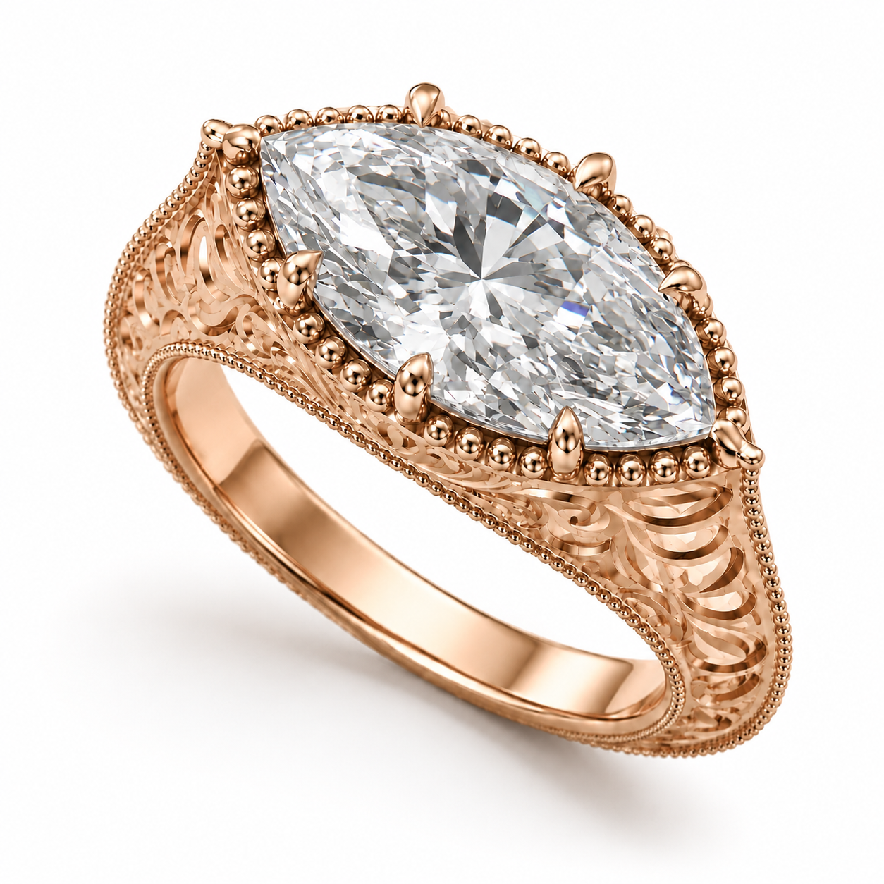 A rose gold ring featuring a large marquise-cut clear gemstone in an ornate filigree setting, shown on a clean white background.