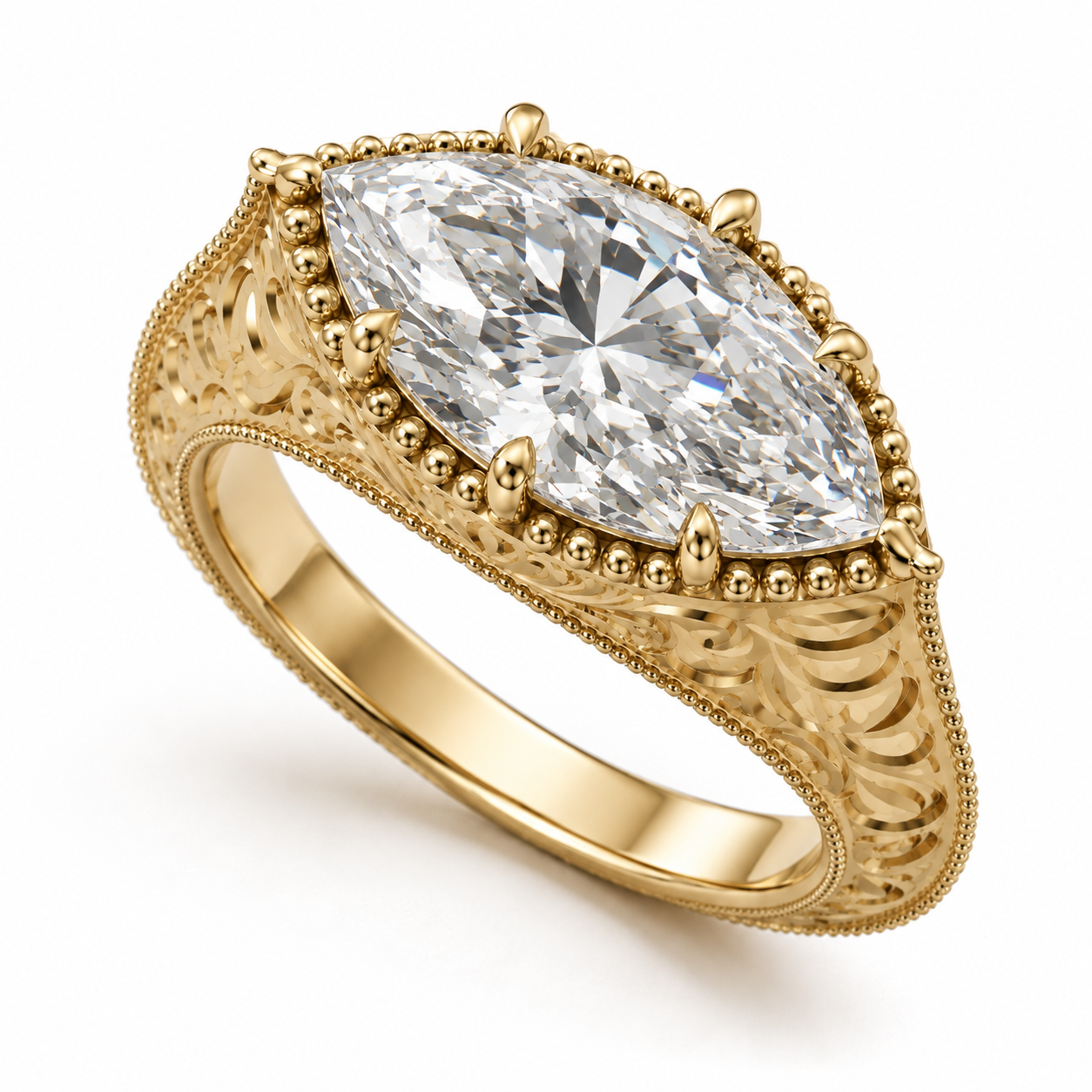 A yellow gold ring featuring a large marquise-cut clear gemstone in a detailed filigree setting with beaded accents, shown on a clean white background.