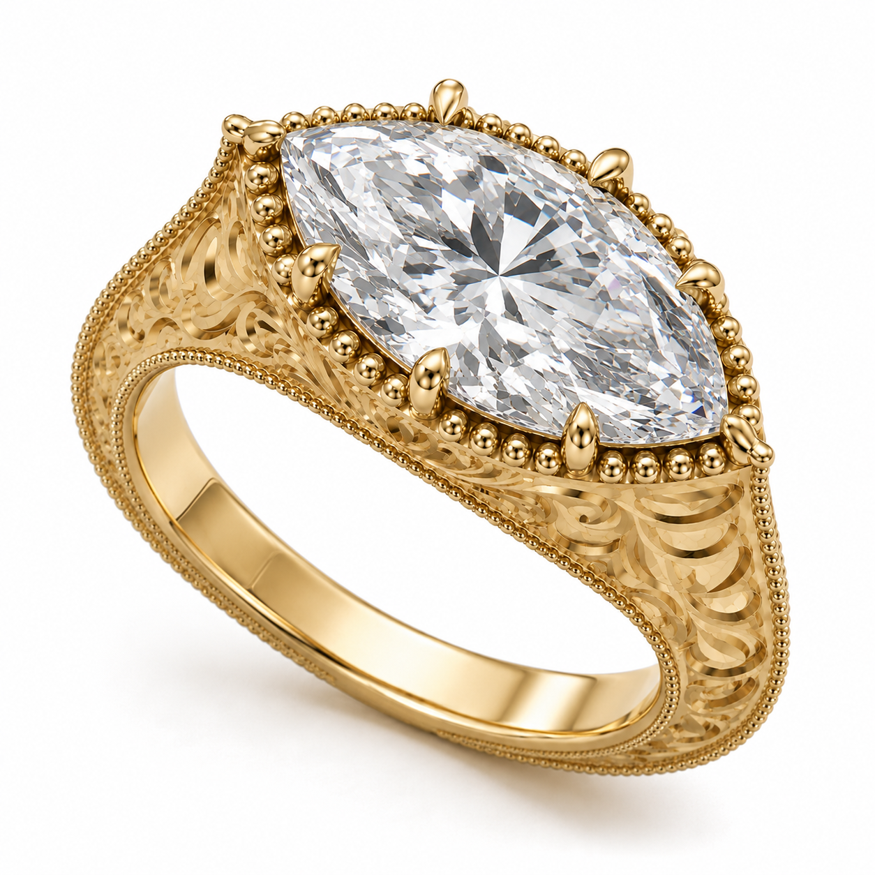 An ornate yellow gold ring featuring a large marquise-cut clear gemstone in a detailed filigree setting, shown on a clean white background.