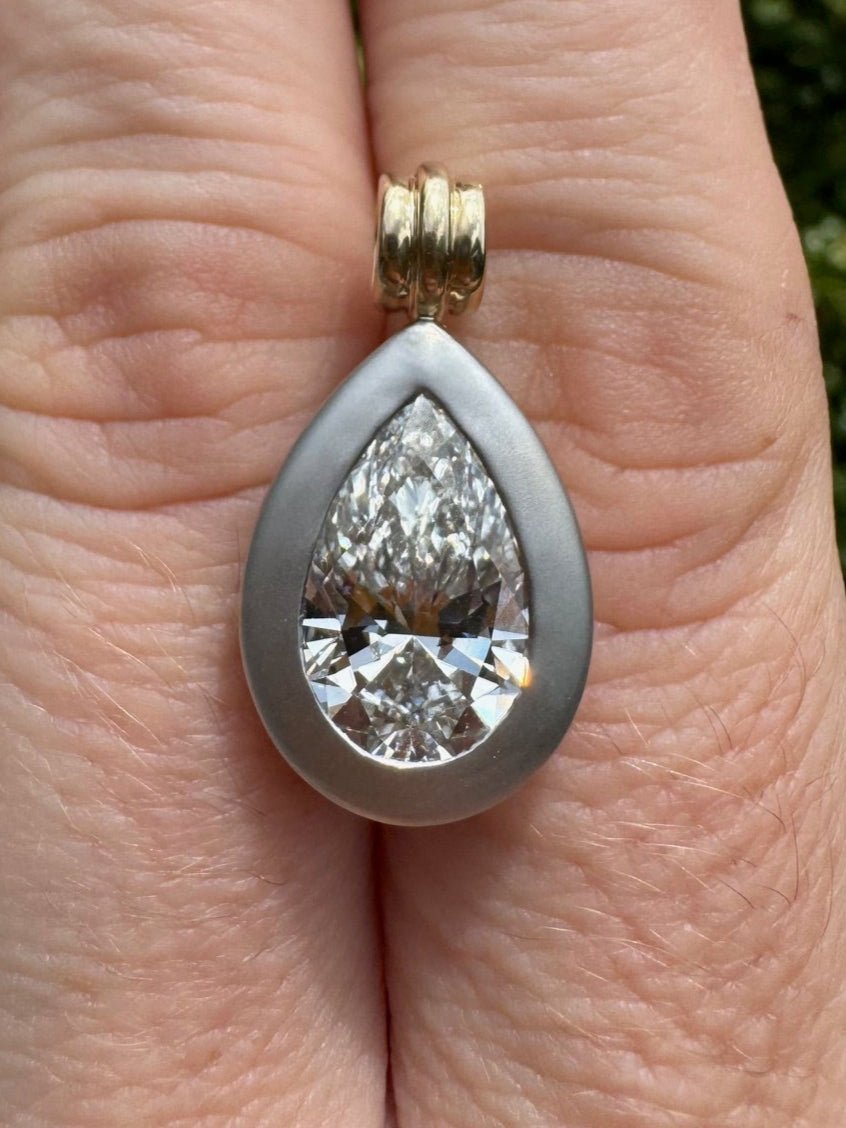 Pear diamond pendant in matte bezel with shiny bale - Jewelry by Cleo