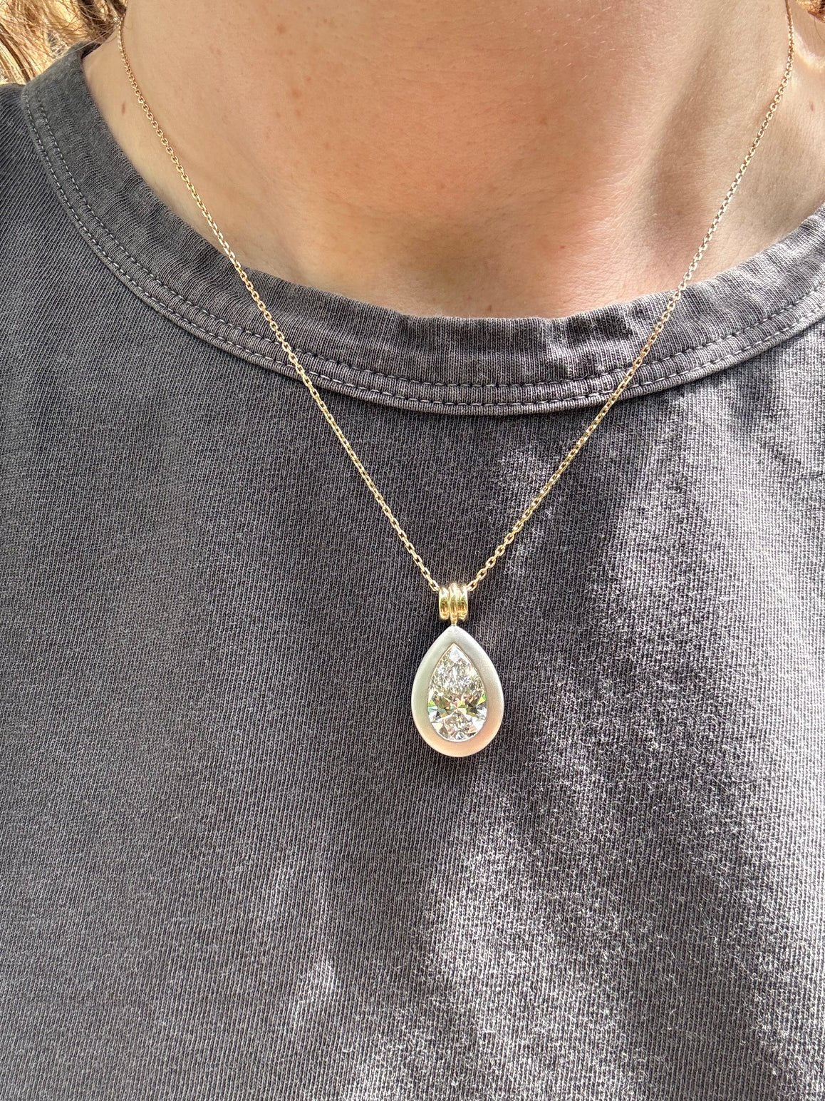 Pear diamond pendant in matte bezel with shiny bale - Jewelry by Cleo