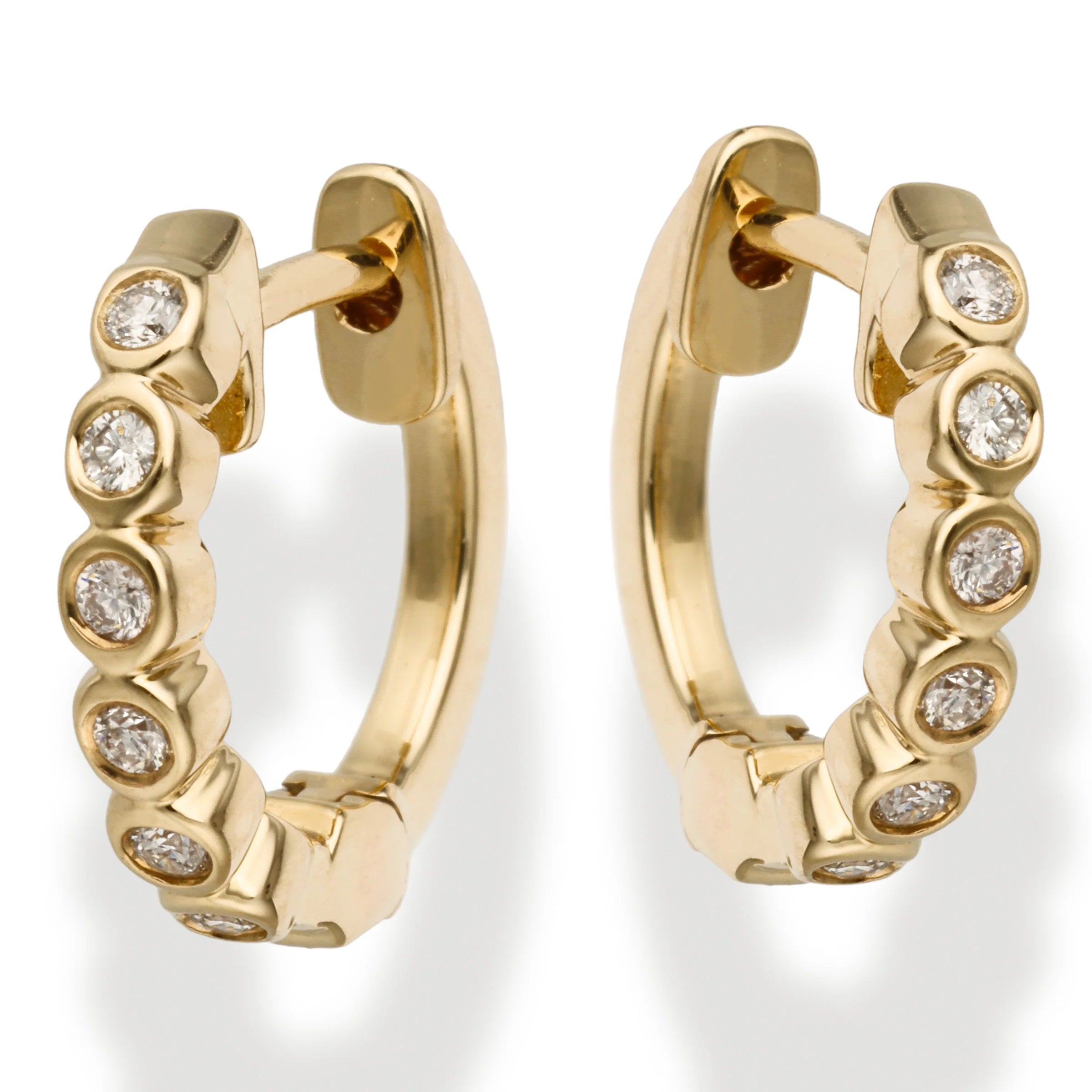 14k Gold Diamond Huggie Hoop Earrings — 12mm