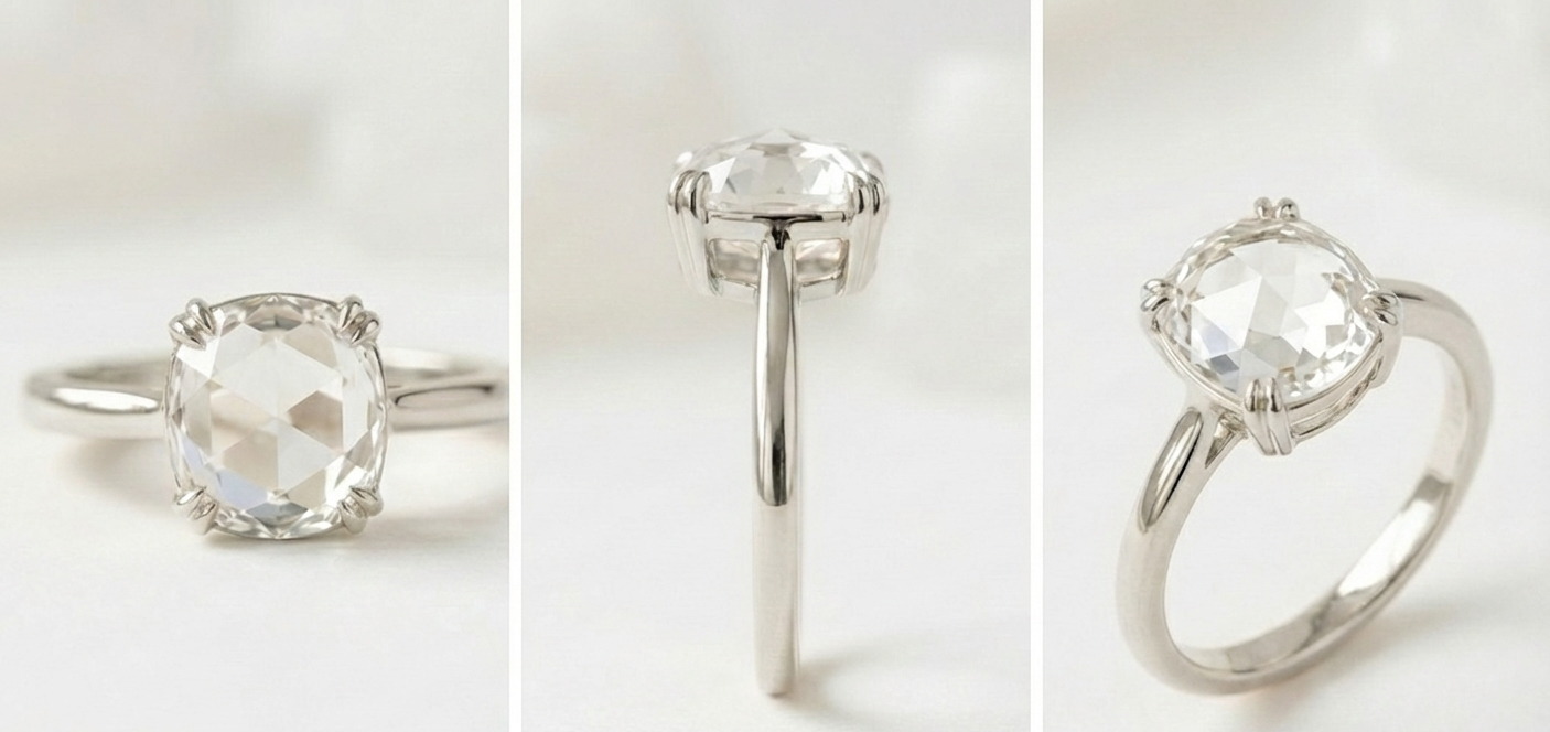 rose cut diamond double prong white gold multiple views