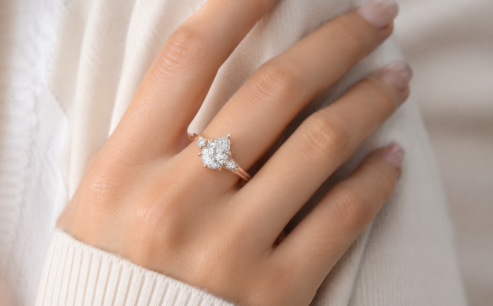 A close-up of a hand wearing a rose gold ring with a diamond cluster setting, resting on a soft cream-colored knit sweater.