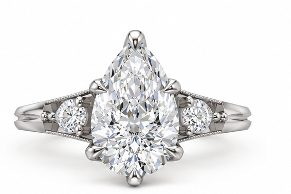 Six views of a silver-toned diamond engagement ring with a pear-cut center stone and smaller side stones, shown on a plain white background.