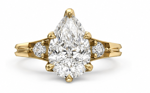 Five views of a yellow gold ring featuring a pear-cut diamond center stone with smaller diamonds on the shoulders, shown on a clean white background.