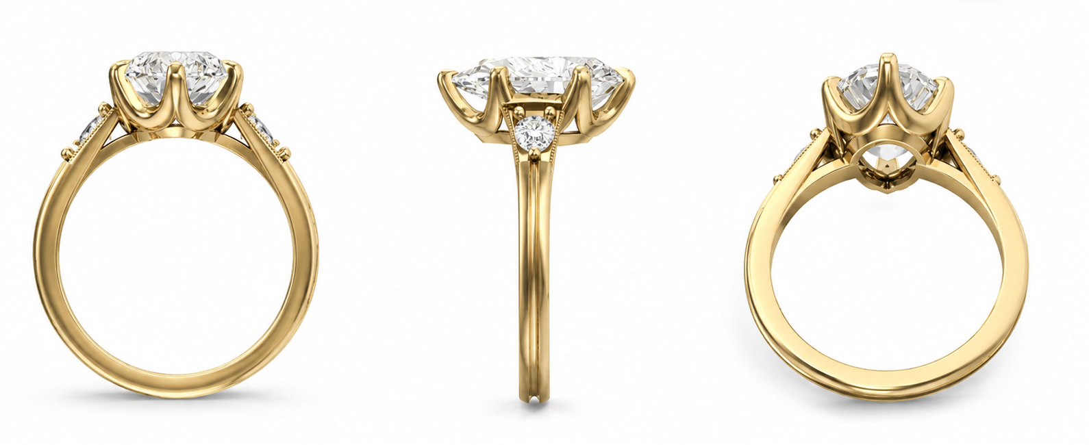 Five views of a yellow gold ring featuring a pear-cut diamond center stone with smaller diamonds on the shoulders, shown on a clean white background.